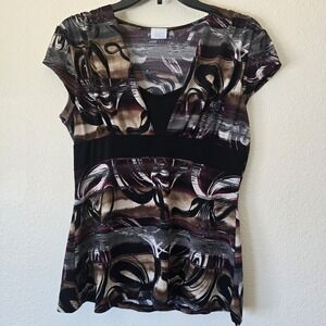 VTG Y2k 90s Women's Medium Babydoll Top V-Neck Brown Layered Stretchy Fairy Boho